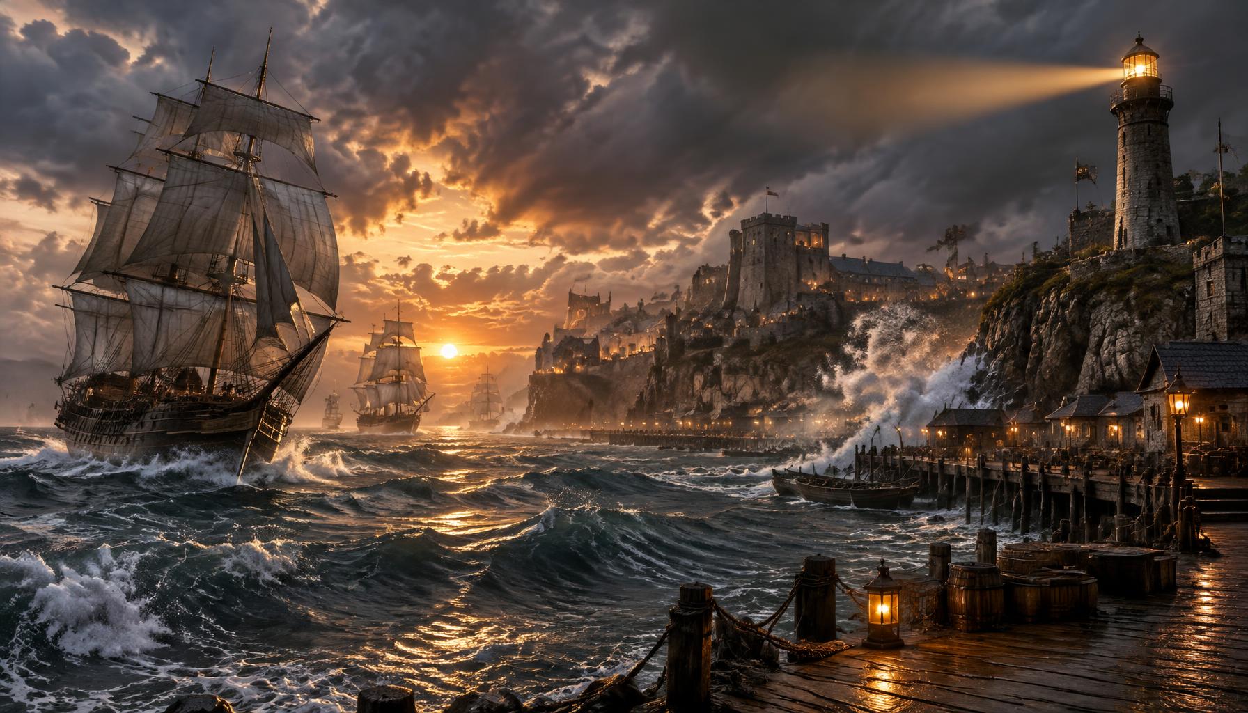 Tall ships sailing into a storm-lit harbour beneath a cliffside lighthouse